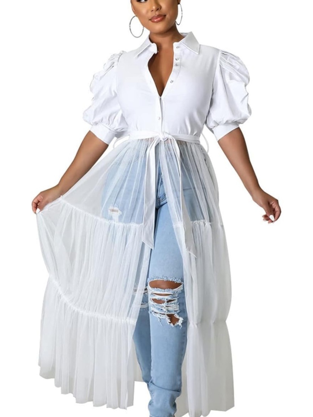 NWOT Women’s White Sheer Overlay Shirt Dress with Puff Sleeves M X77